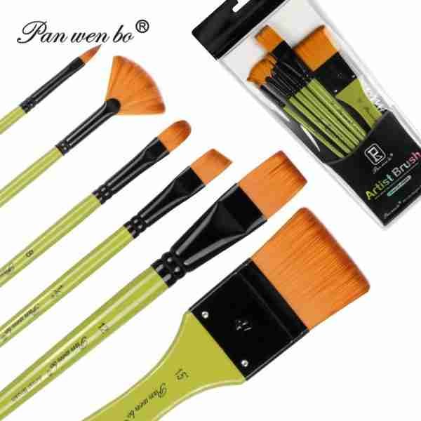 Panwenbo Professional High Grade Watercolor Art Paint Brushes Large Flat Fan Shape Nylon Hair Wood Handle Artist Painting Sets
