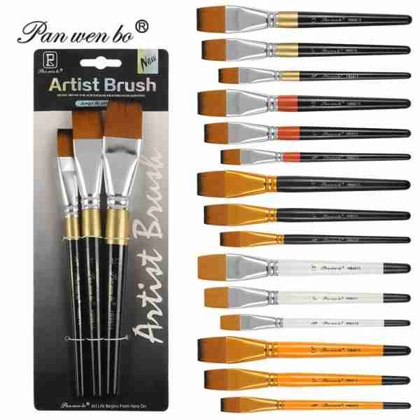Panwenbo Hot Sale 3 Pcs Set Flat Big Size Painting Brush Nylon Artist Brush For Art