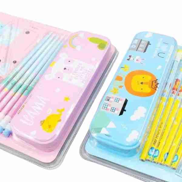 Creative Cartoon Design Eco-Friendly School Stationery Gift Set Includes Plastic Pencil Ruler Features Protective Outer Box